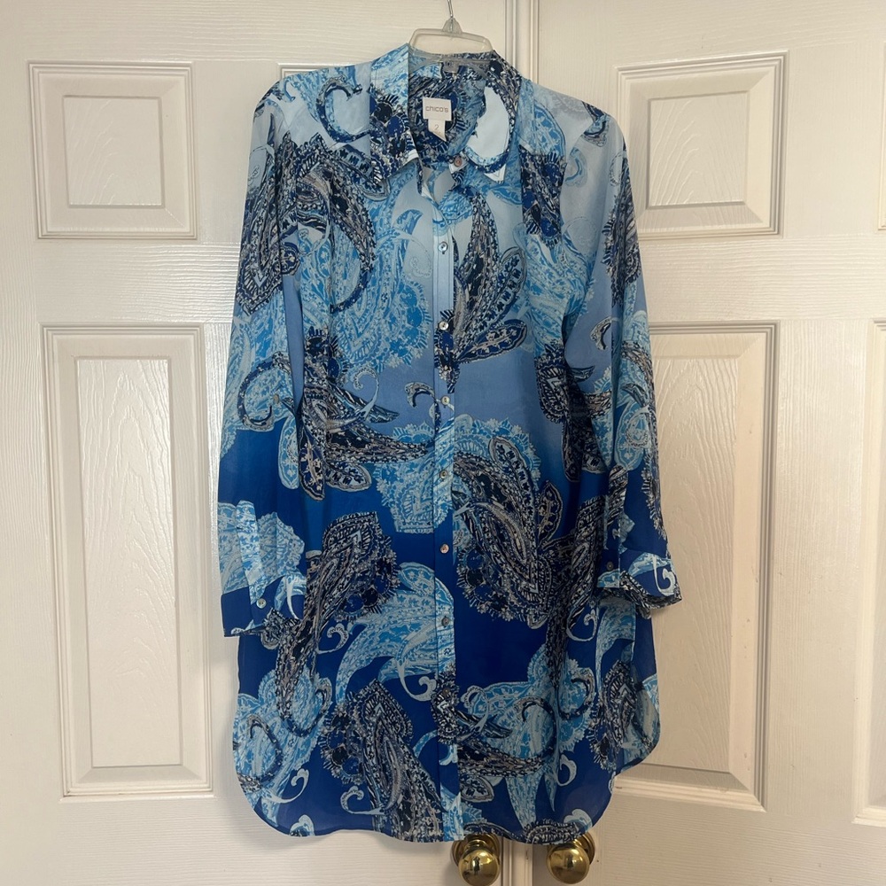 CHICO'S Women Lightweight 2-Way Long Sleeve Blouse‎ Paisley Multicolor Summer L